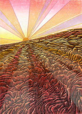 Red Light at the Edge of the Caldera2011, woodcut, 22 x 15 inches