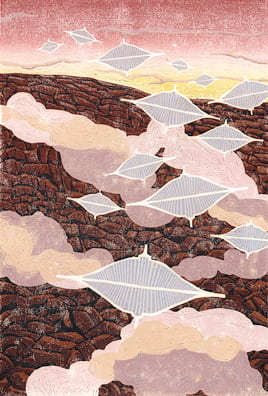 Traffic over Tharsis2011, woodcut, 22 x 15 inches
