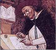 Undated image showing a man writing with spectacles