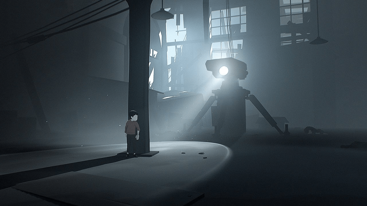 A boy hides behind a pillar from a robot's searchlight
