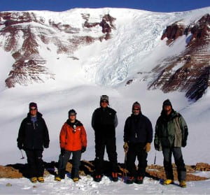 UWM Field Team on the Wahl Glacier, Antarctica. (L to R) Nichole Knepprath, Zelenda Koch, John, Tim Cully (Montaineer,  Jackson, Wyoming), and Pete Flaig