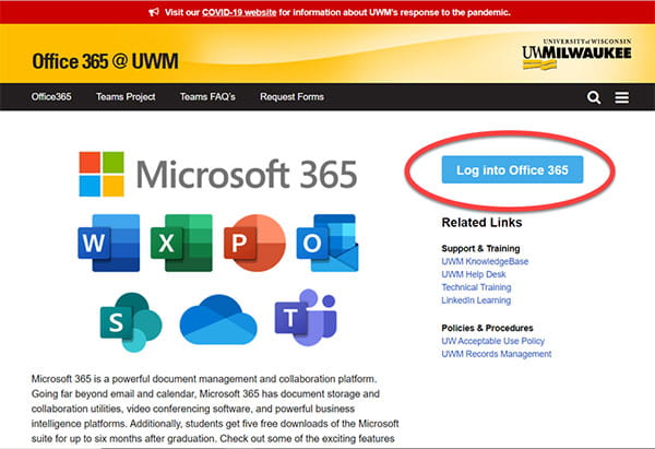 Office 365 Log into Office 365 button view.