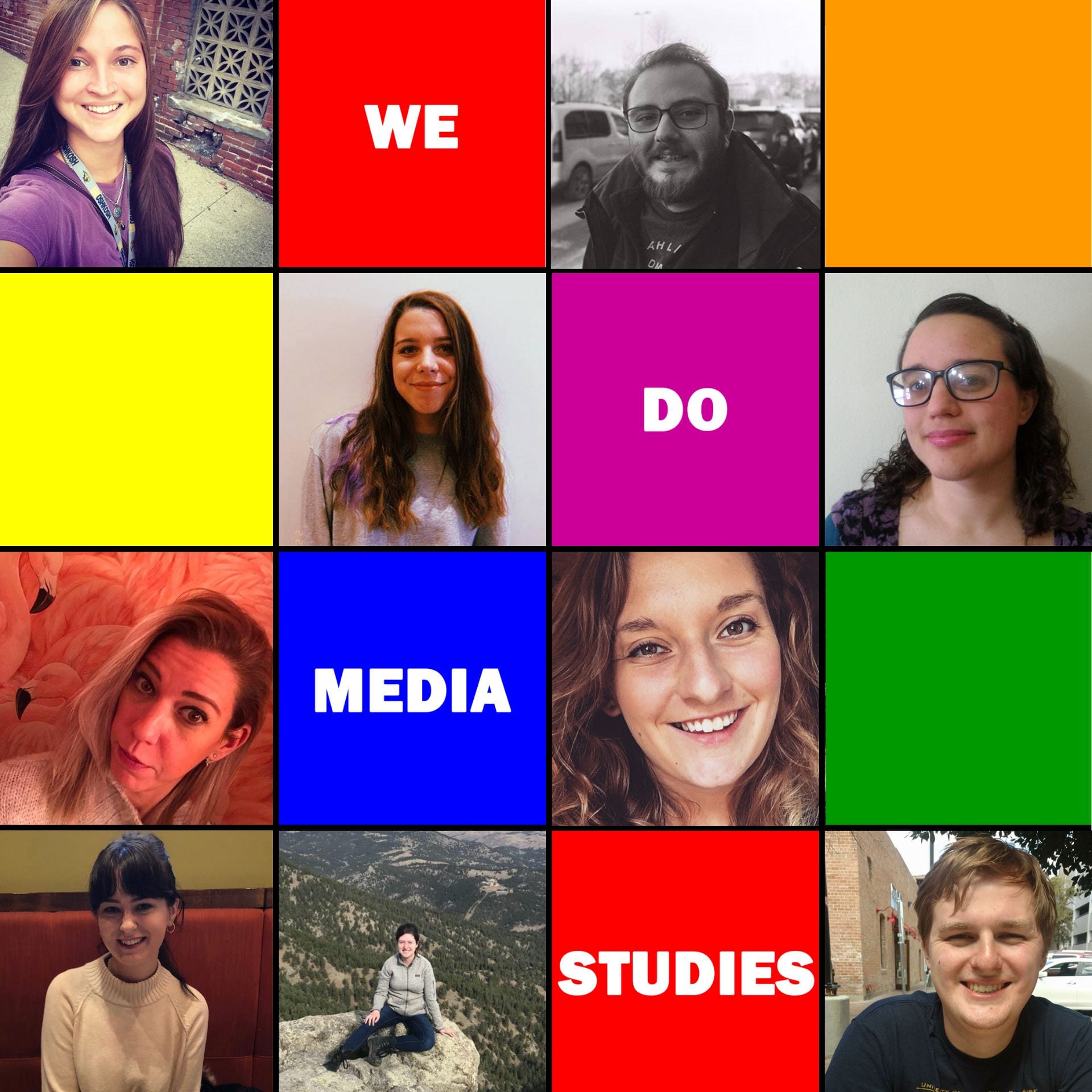 We Do Media Studies logo, featuring pictures of all 9 hosts
